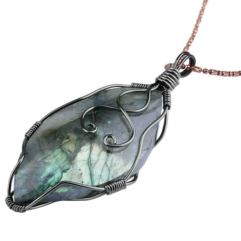 Nupuyai Natural Labradorite Necklace for Unisex, Handmade Wire Wrapped Irregular Healing Stone Pendant with Chain 19" - Image 3
